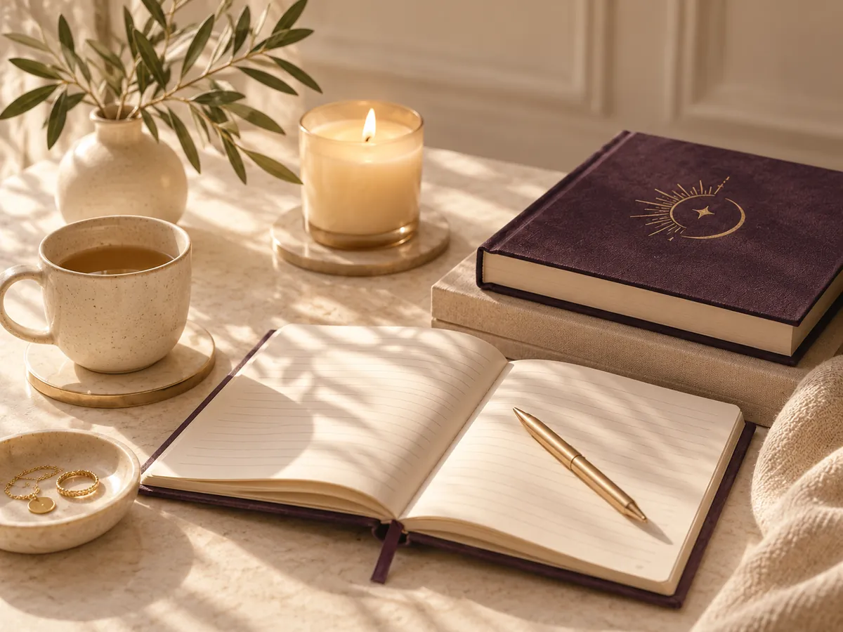 Sunlit flat lay of an open journal with a gold pen, a plum book with a gold sun and moon emblem, a candle, a cup of tea and an olive branch